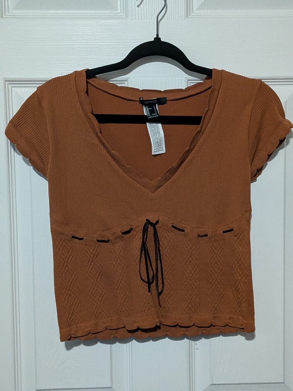 Y2K Coquette Forever 21 Seamless Brown Pointelle Ribbon Accent Baby Tee Sz Large